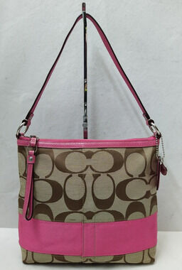 Coach Signature Brown Canvas Pink Stripe Zipper Closure Shoulder Bag